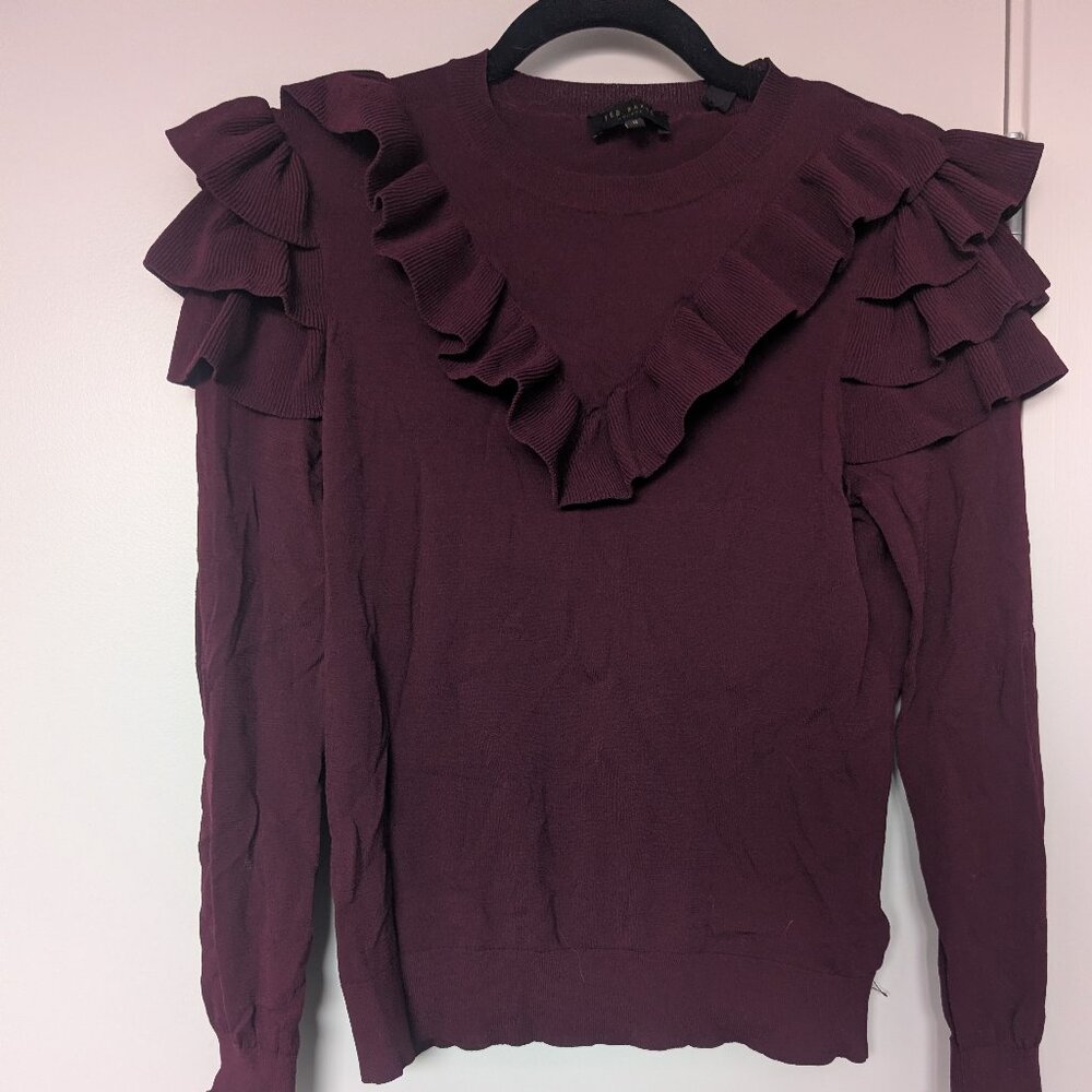 Ted Baker Burgundy Ruffle Knit Sweater – Size 2 (Small)